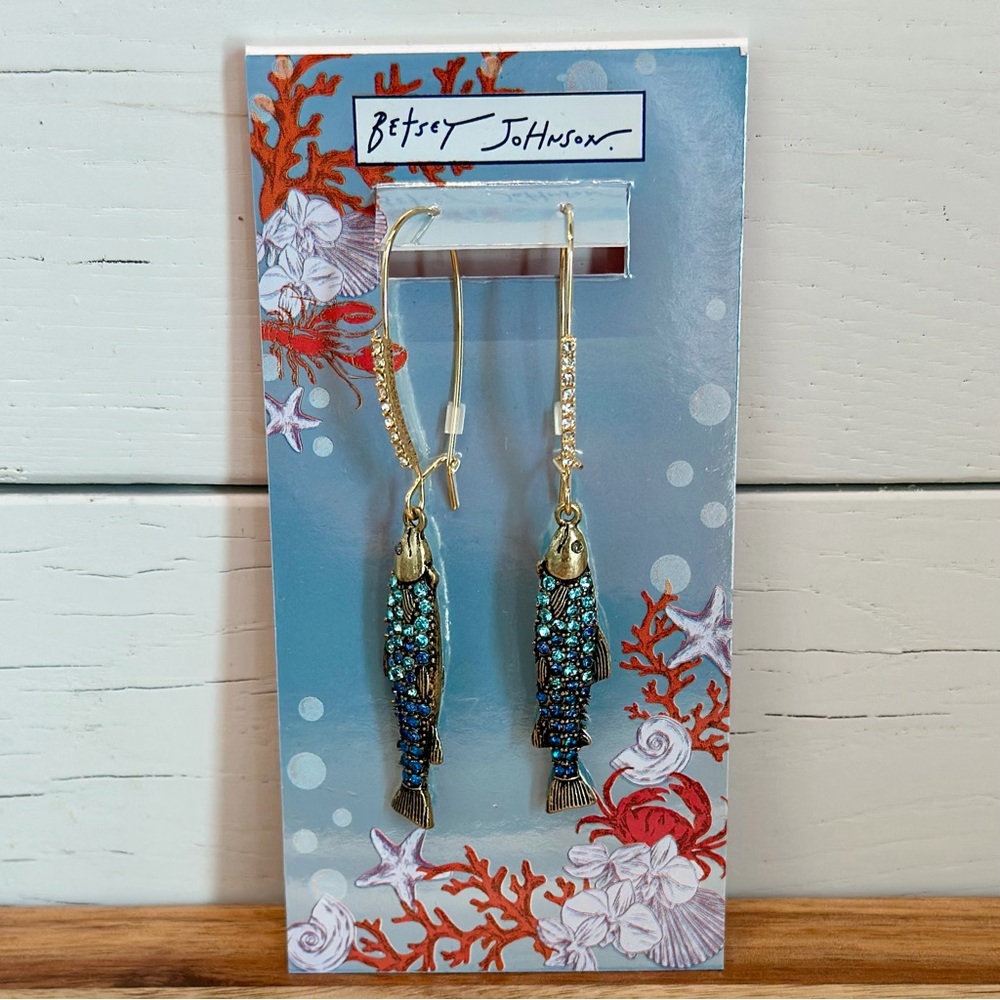 Betsey Johnson Mermaid Jewels Sardine Fish Dangle Hoop Earrings Retired Kitschy